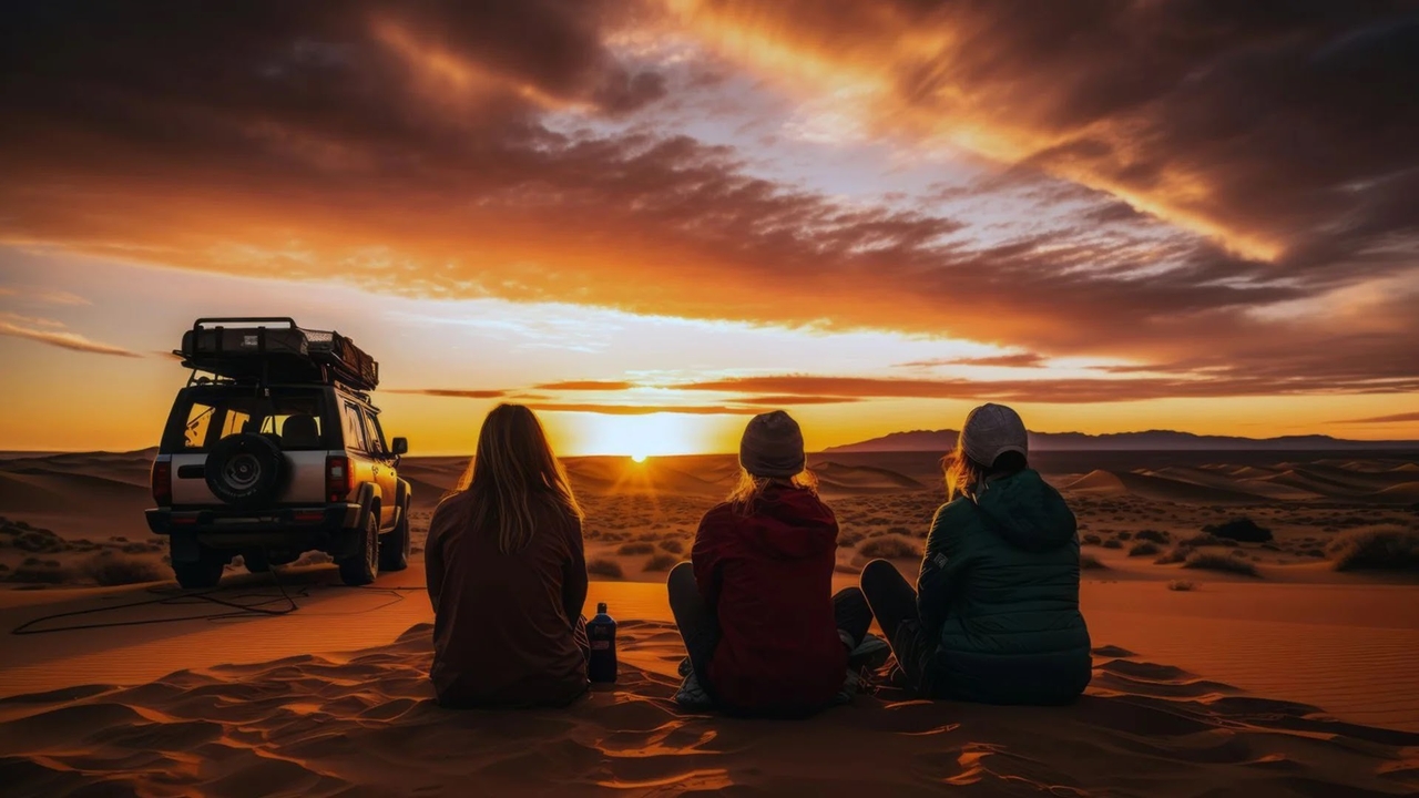 Desert safari in Doha: travellers watching sunset over Qatar sand dunes beside a 4x4