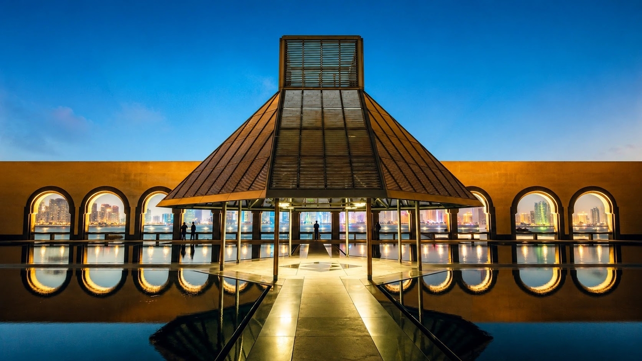 The Museum of Islamic Art's pyramid-style building reflected in water with the Doha skyline at dusk 
