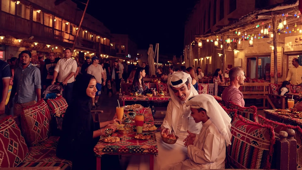 Family dining at Souq Waqif Doha night