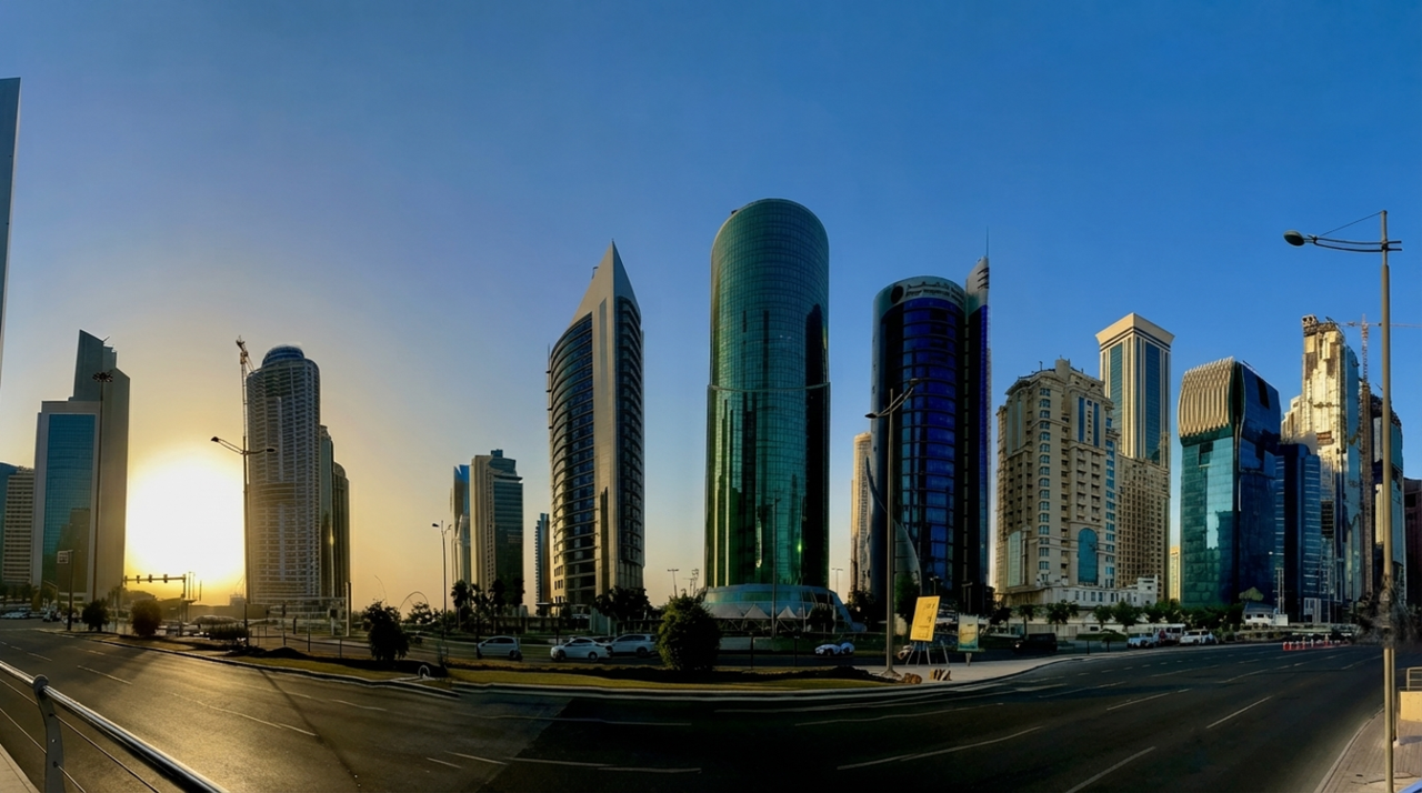 West Bay skyscrapers and skyline at sunset in Doha, Qatar