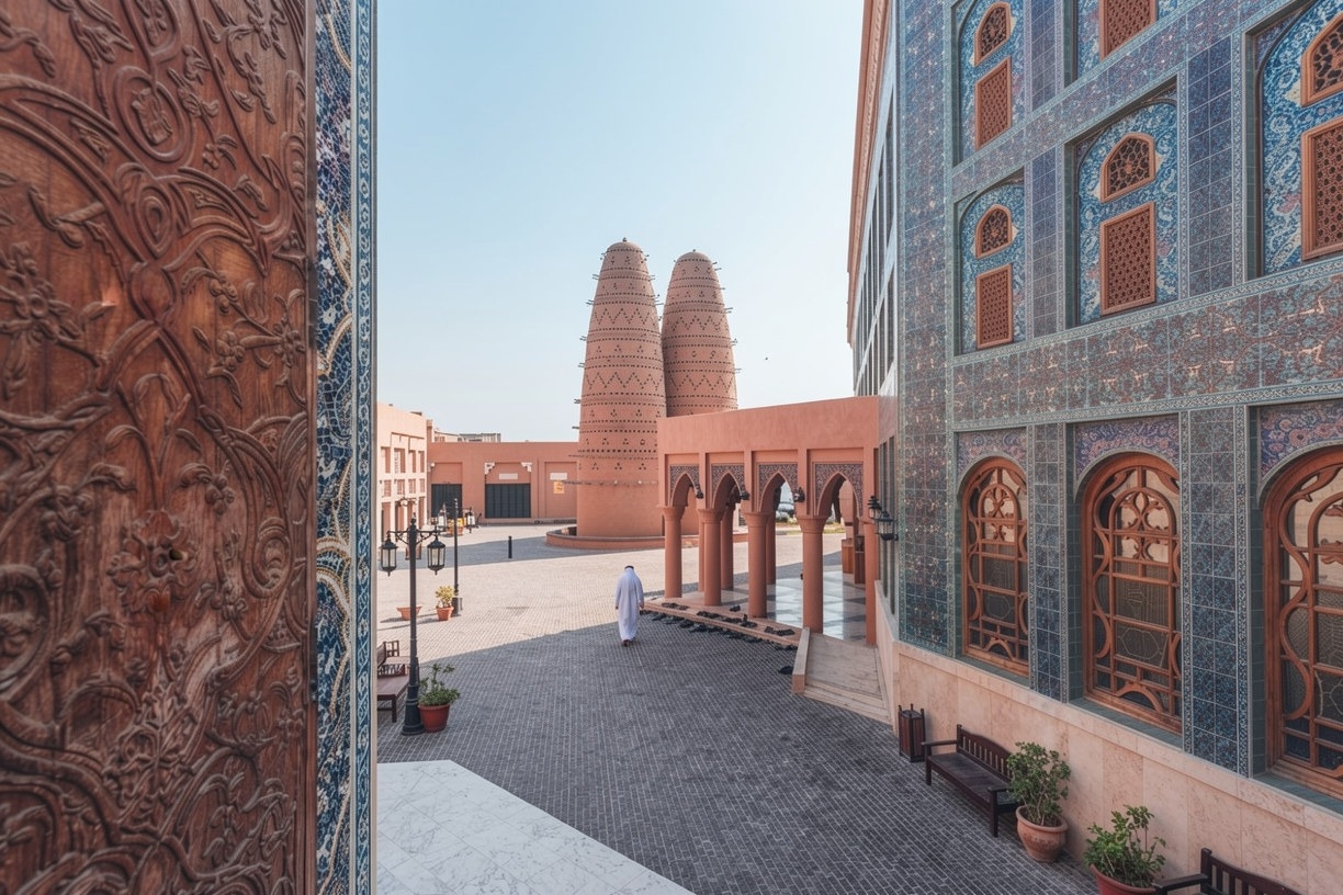 Souq Waqif entrance with traditional wind towers and mosaic tilework, Doha