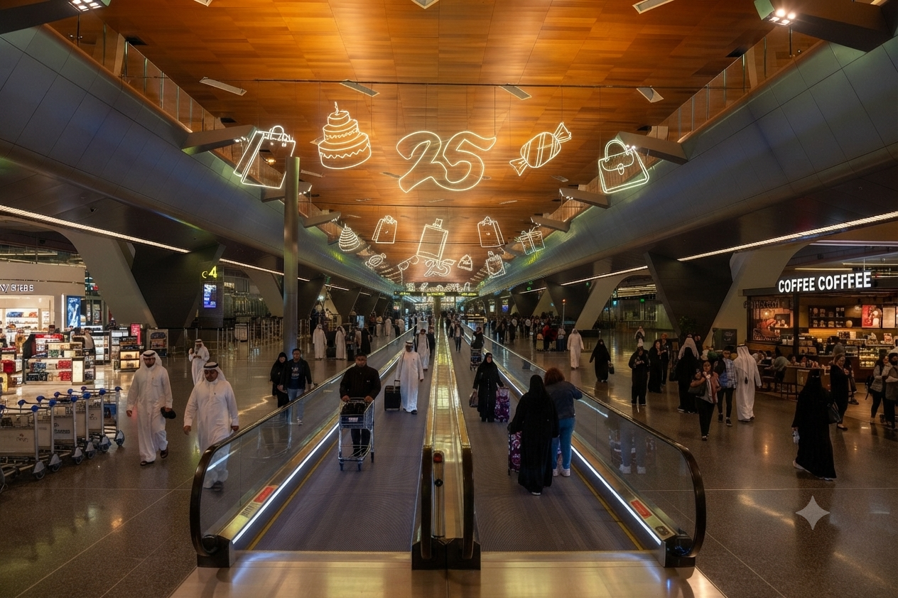 	Hamad International Airport terminal walkway with travelers, Doha