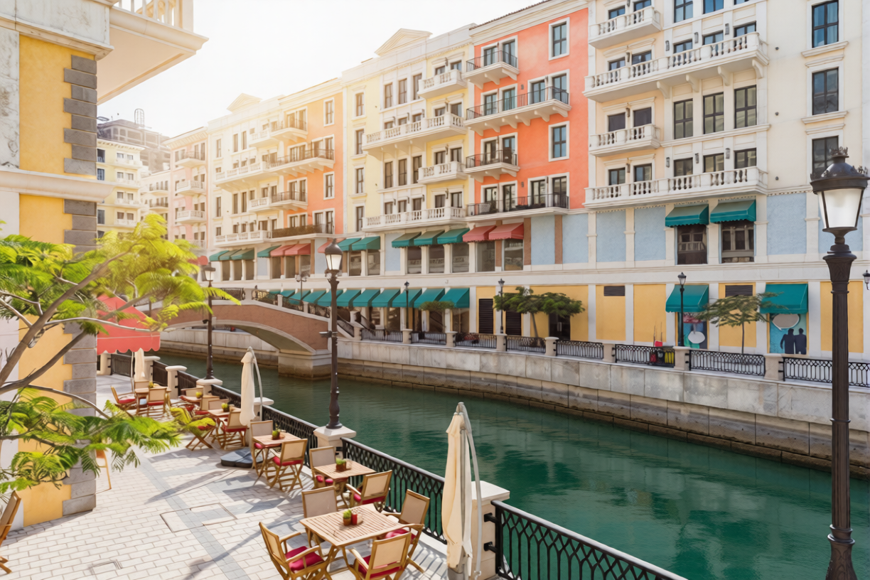 Waterside promenade with colorful buildings and canal-side cafes, Doha, Qatar