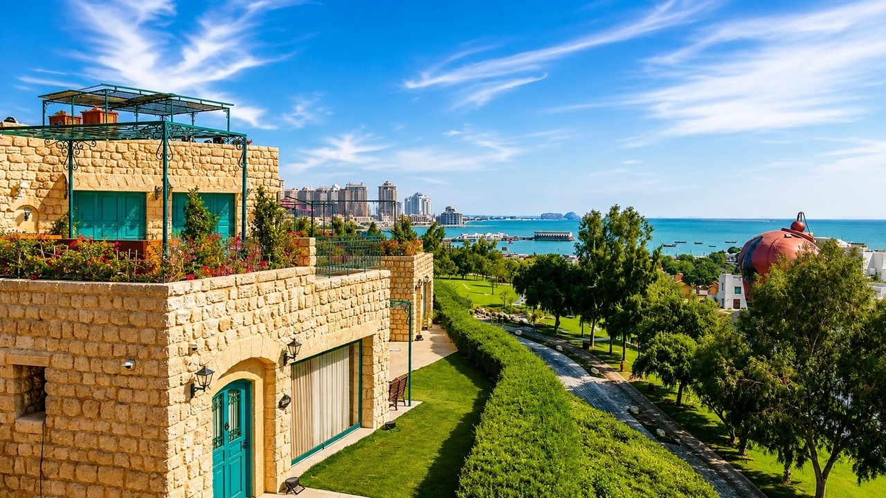 Katara Cultural Village's traditional stone buildings overlooking Doha's coastline and skyline