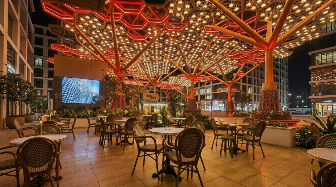 Outdoor family restaurant seating with illuminated tree canopy lighting, Doha