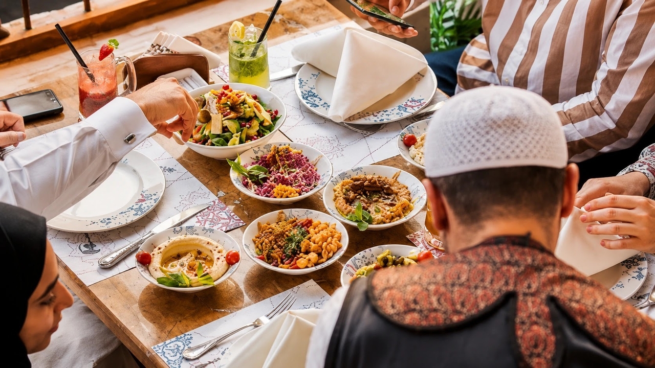 Family sharing a spread of Middle Eastern mezze dishes at an outdoor restaurant table in Doha