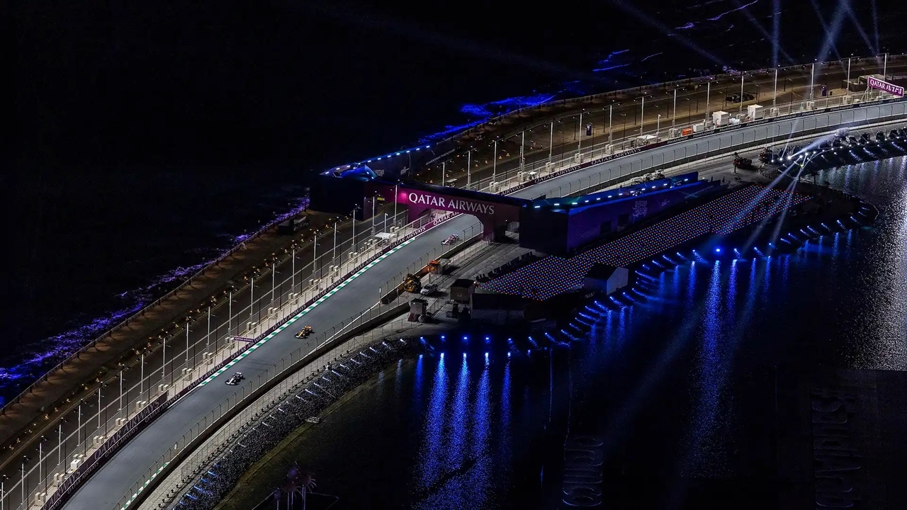 Lusail International Circuit lit up at night, Doha 