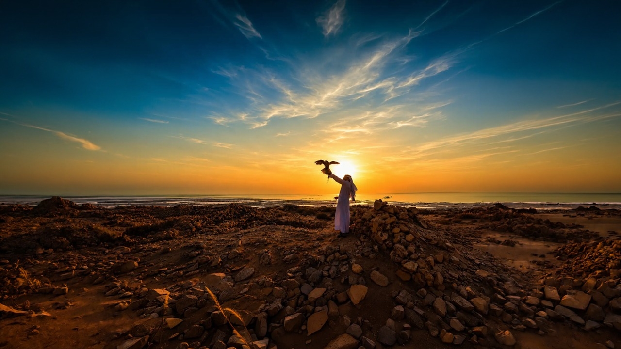 A traditional Qatari falconer in a white thobe holding a falcon at sunset on the desert landscape, representing Bedouin heritage in Qatar