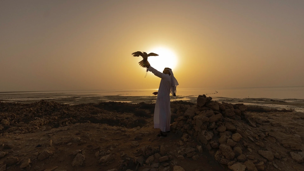 A traditional Qatari falconer in a white thobe holding a falcon at sunset on the desert landscape, representing Bedouin heritage in Qatar 