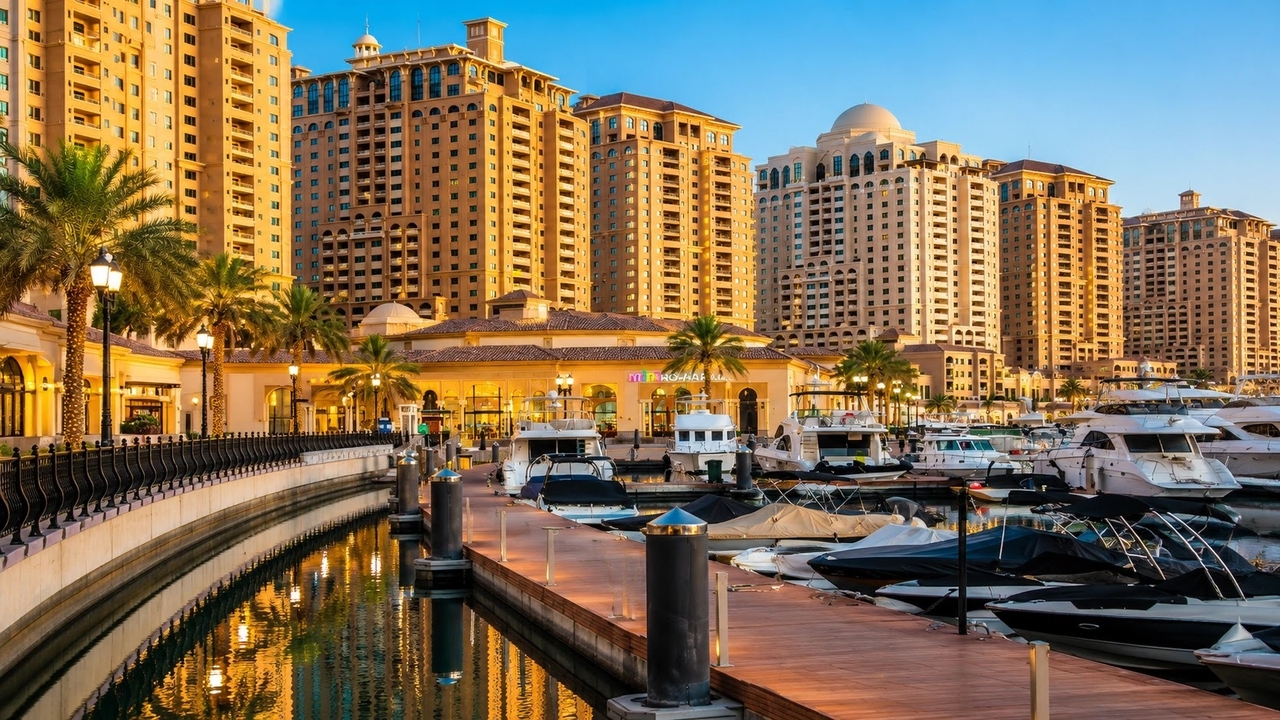  The Pearl-Qatar marina in Doha lined with luxury yachts and waterfront hotel towers near Katara Cultural Village 