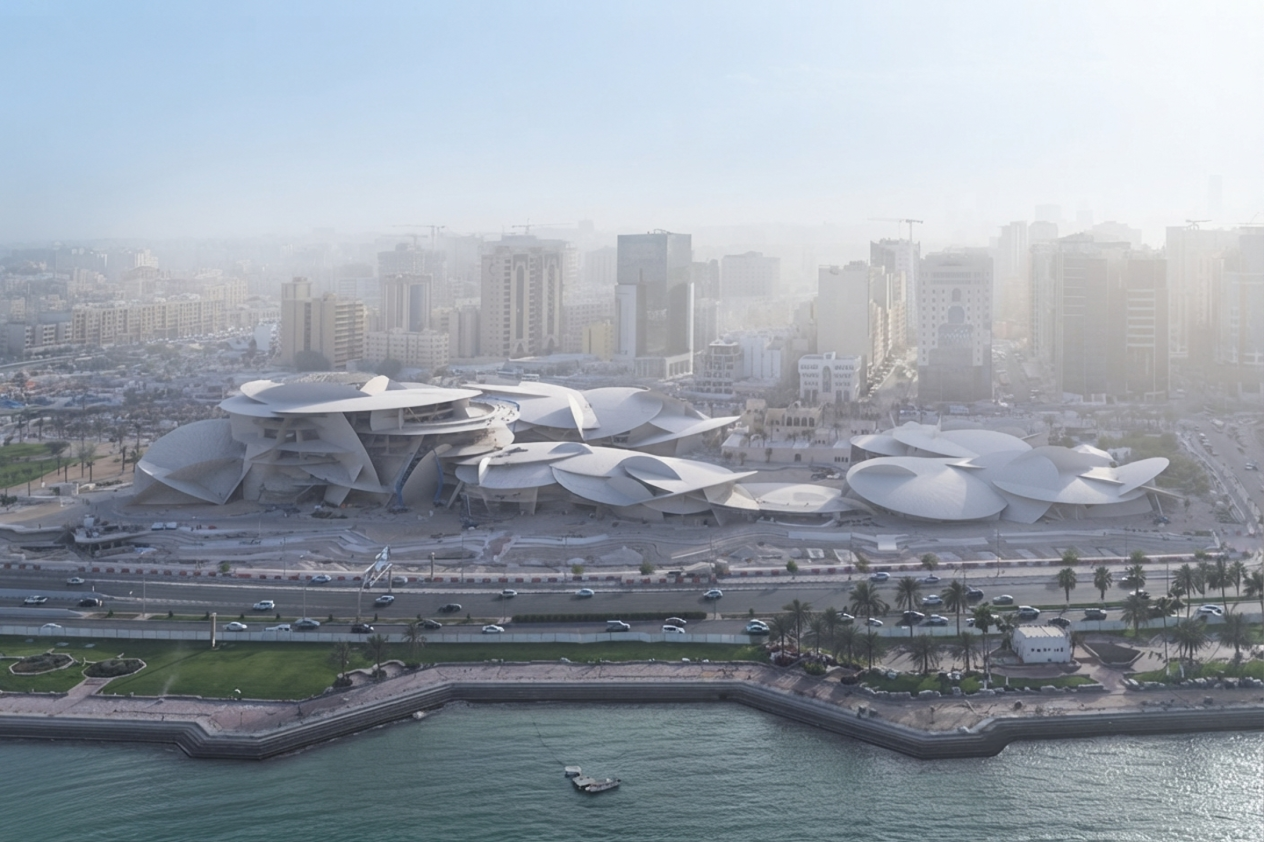 Aerial view of the National Museum of Qatar's desert rose-inspired architecture in Doha
