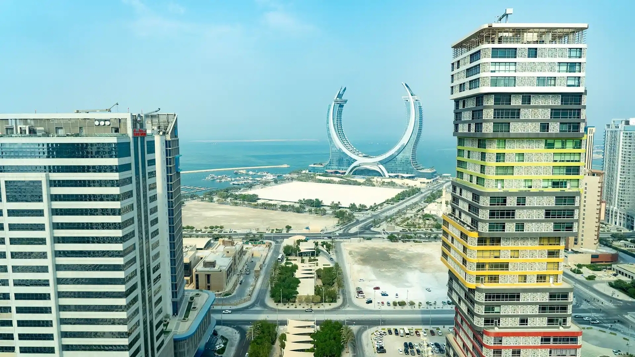 Lusail waterfront skyline with the Katara Towers, near the circuit