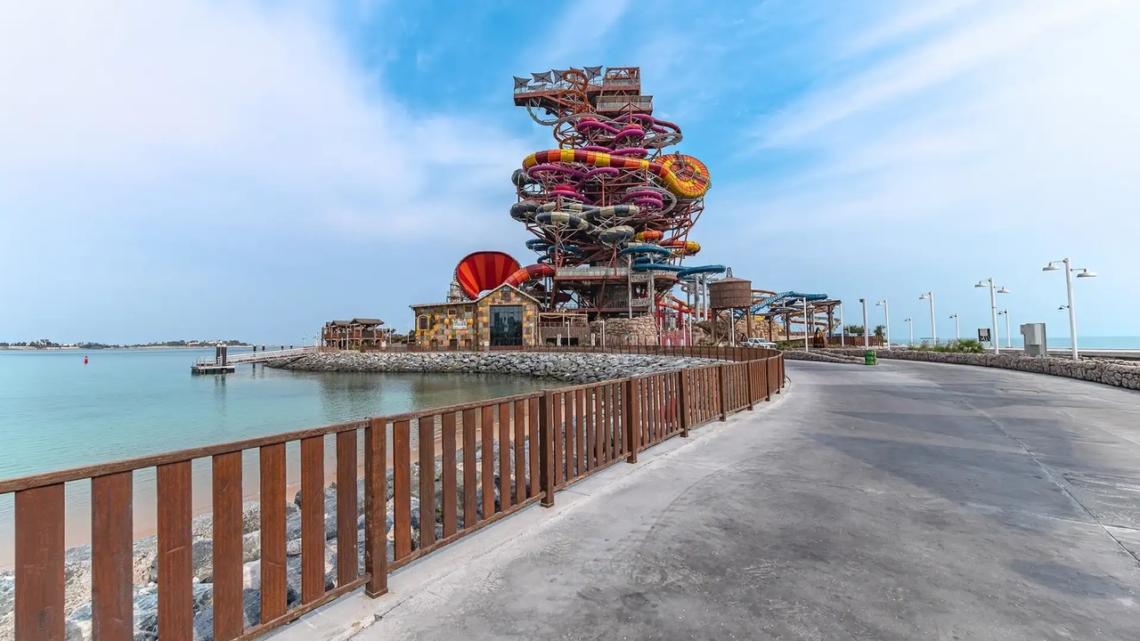 ICON Tower waterslides overlooking the sea at Meryal Waterpark, Lusail
