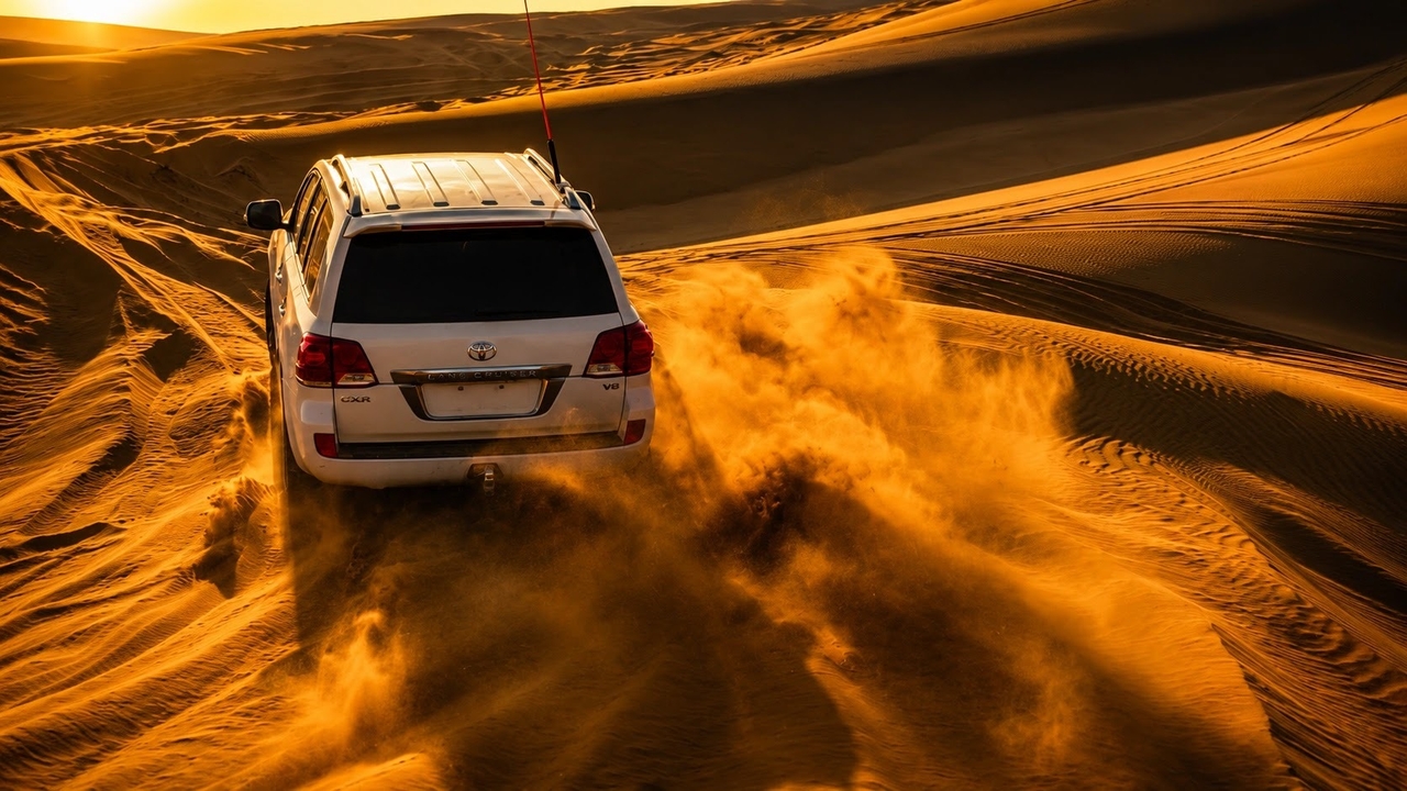 A 4x4 vehicle kicks up sand while dune bashing on a Doha desert safari at sunset 