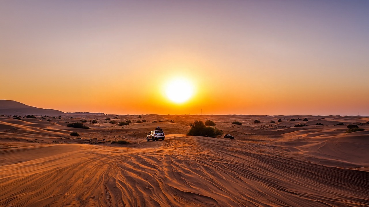 4x4 vehicle desert safari Doha Qatar at sunset