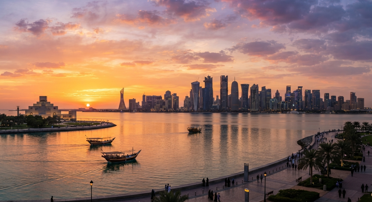 Doha Corniche skyline at sunset with dhow boats, hero image for a Saudi family travel guide