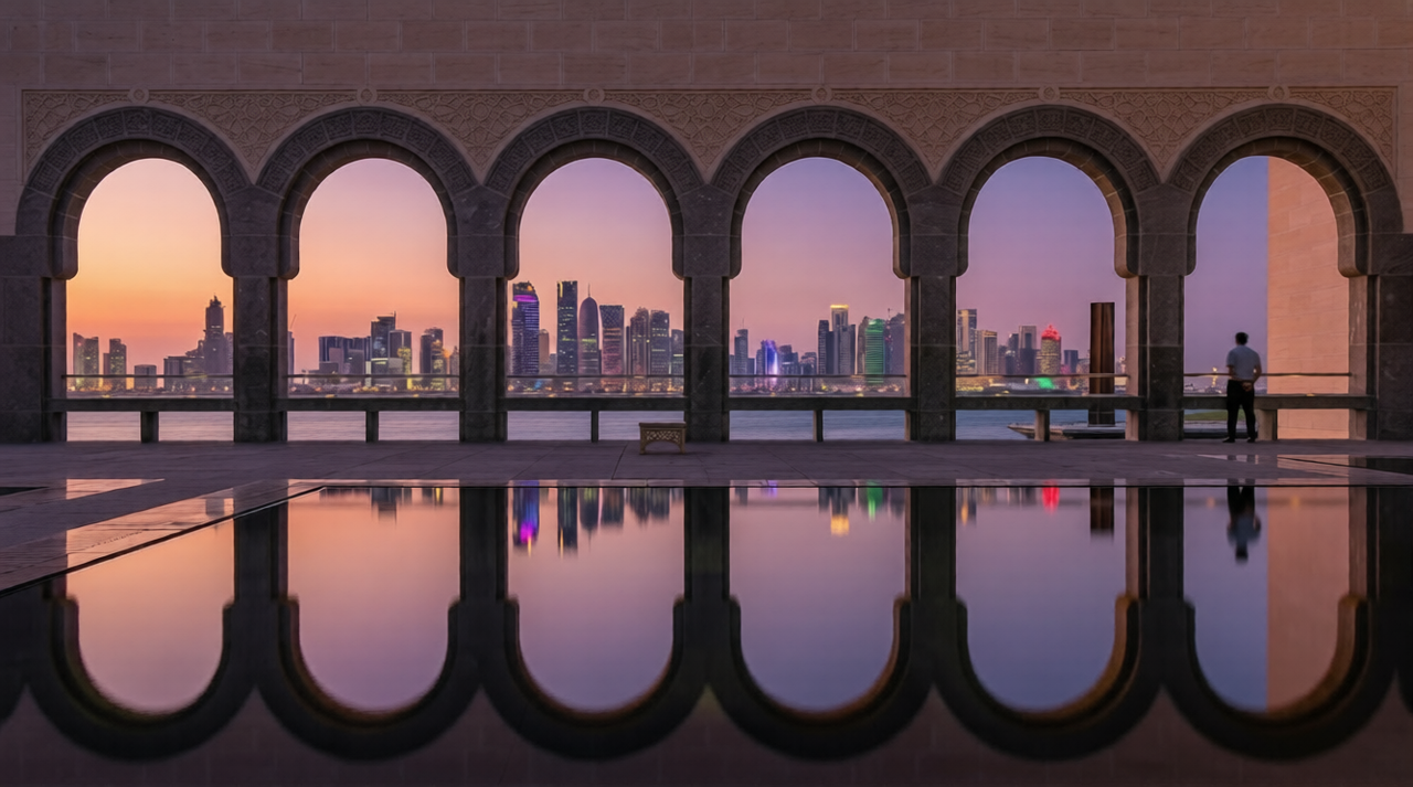 Museum of Islamic Art arched terrace with Doha skyline view at dusk