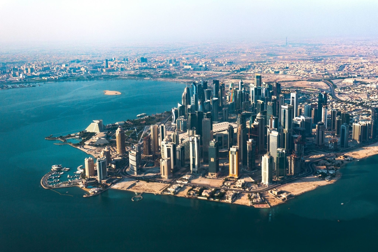 Aerial view of Doha skyline, the destination for travelers crossing the Abu Samra border from Saudi Arabia