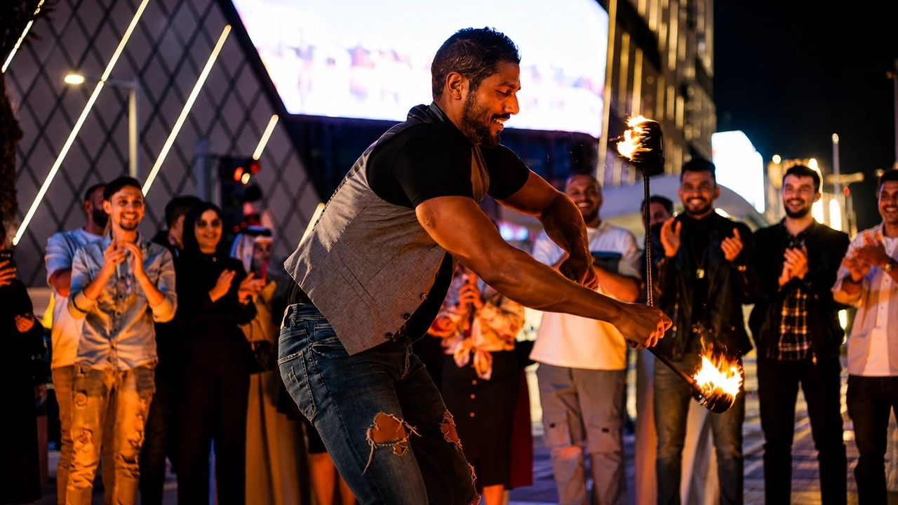 A fire performer entertains a crowd at Souq Waqif's night market in Doha 